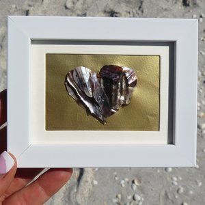 Tiny Frame Iridescent Pen Seashell Valentine Heart Gold Background Handmade Art